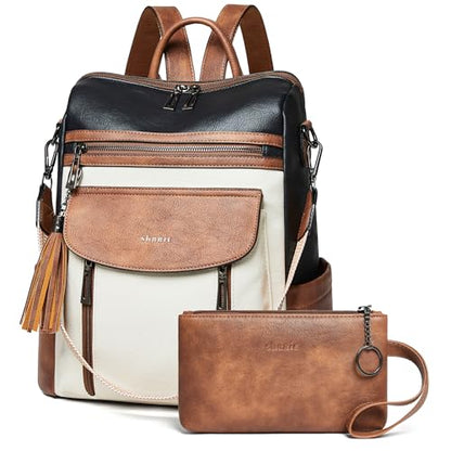 Shrrie Backpack Purse for Women Fashion Leather Backpack Purse Designer Travel Backpack Convertible Shoulder Bag with Wristlet - color: 2-9 Black With Brown and White