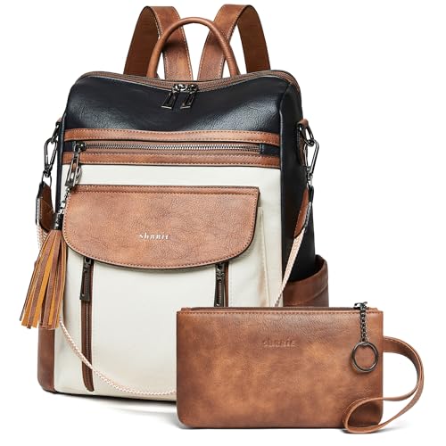 Shrrie Backpack Purse for Women Fashion Leather Backpack Purse Designer Travel Backpack Convertible Shoulder Bag with Wristlet - color: 2-9 Black With Brown and White