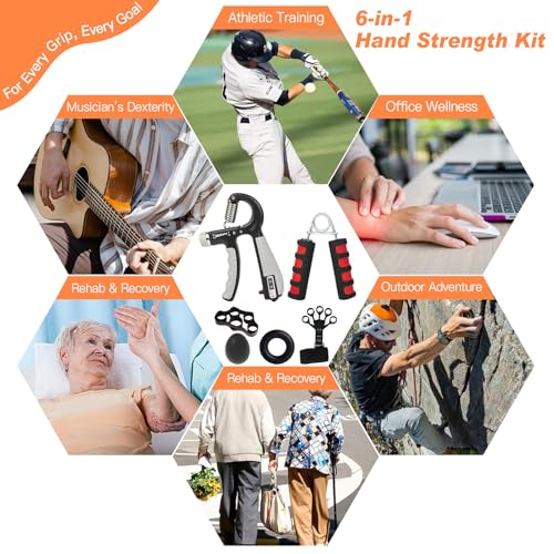 CYFIE Grip Strength Trainer Kit, Adjustable Hand Gripper Strengthener, Forearm Strengthener & Finger Exerciser Set with Finger Stretcher, Stress Ball & Grip Ring for Athletes, Rock Climbing & Rehab - color: Red & Black