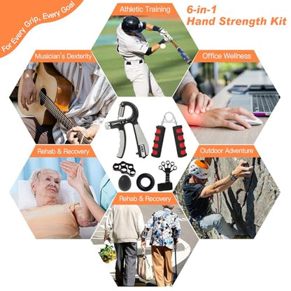CYFIE Grip Strength Trainer Kit, Adjustable Hand Gripper Strengthener, Forearm Strengthener & Finger Exerciser Set with Finger Stretcher, Stress Ball & Grip Ring for Athletes, Rock Climbing & Rehab - color: Red & Black