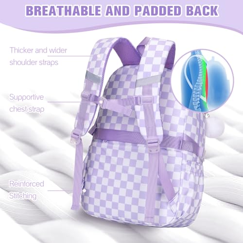 Bevalsa Backpack for Girls 3PCS Teen Girls Backpack for School with Lunch Bag Pencil Case Purple Cute Kids Laptop Backpacks Bookbag for Elementary Middle High School College Student (Checkerboard) - color: Purple Checkerboard