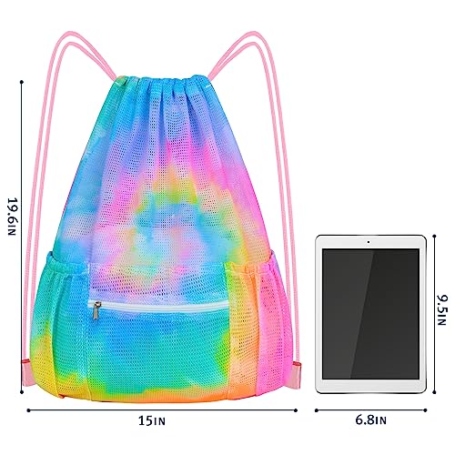 Mesh Drawstring Backpack, Large Sports Gym Bag for Women Kids with Pocket and Zipper Sackpack for Beach Yoga Football Soccer (Tie Dye Yellow) - color: Tie Dye Yellow