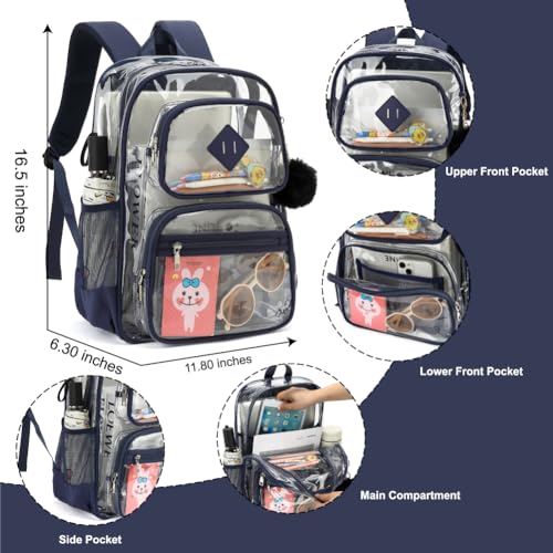 Heavy Duty Clear Backpack for Girls Boys Transparent School Bookbag Kids Durable PVC See Through Backpack-Navy Blue - color: Navy Blue