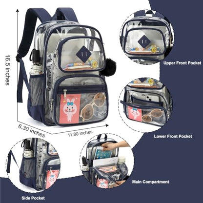 Heavy Duty Clear Backpack for Girls Boys Transparent School Bookbag Kids Durable PVC See Through Backpack-Navy Blue - color: Navy Blue