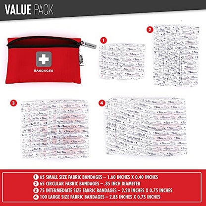 Thrive Fabric Adhesive Bandages Variety Pack - Zipper Pouch for Travel First Aid Kit - Waterproof & Latex-Free for Camping First Aid Kit - Multi-Size Strips for Medkit - Pack of 305, Red - style: 305 Bandages