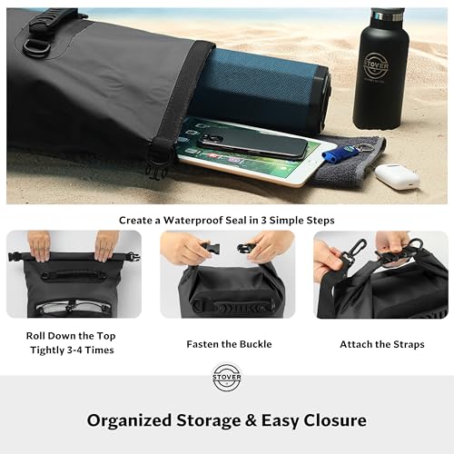 STOVER 5/10/25/30/40/55L Waterproof Dry Bag- Roll-Top Backpack w/Phone Case- Kayaking, Hiking, Camping, Boating- Men/Women - color: 25l Black (With Phone Case), size: 25L