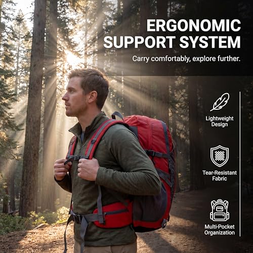 Hiking Backpack, Water Resistant Lightweight Outdoor Daypack with Breathable Padded Back, Multi-Pocket Travel Backpack for Camping Climbing Sports (Red) - color: Red