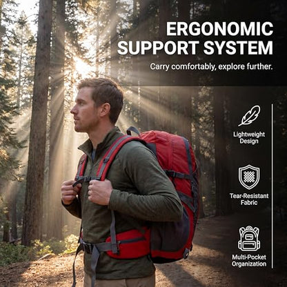 Hiking Backpack, Water Resistant Lightweight Outdoor Daypack with Breathable Padded Back, Multi-Pocket Travel Backpack for Camping Climbing Sports (Red) - color: Red