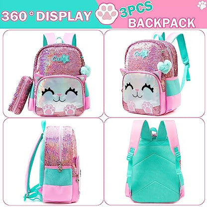 Meetbelify Cute Backpack for Girls Pink Cat School Backpacks Kids Sequin Bookbag for Elementary Kindergarten Students with Lunch Box Pencil Case for Girls 5-12 Years Old - color: Sequin Cat Pink