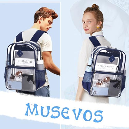 MUSEVOS Clear Backpack, Heavy Duty See Through Book Bag for Work, Security, Concerts, College Transparent PVC bookback Stadium Approved, Navy Blue - color: Navy Blue