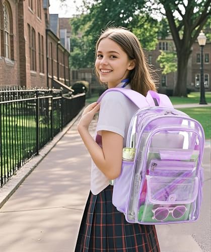 Clear Backpack for Girls Boys Women Men, Heavy Duty Transparent PVC Bookbag for School College Work See Through Backpack,Purple - color: Purple