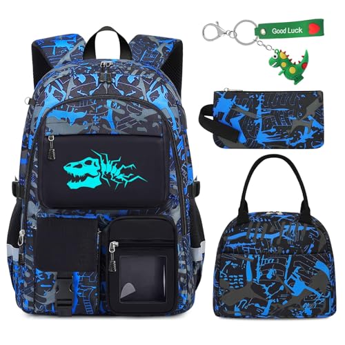School Backpack for Boys - 4pcs Dinosaur Boys Backpack with Lunch Box Set for Kids Teens Elementary Middle High School - 18" Large Capacity School Bookbag with Multiple Pockets - color: Dinosaur-backpack Set
