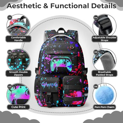 WOBAGMEN Cute Gaming Backpack for Teen Boys Girls, Large Capacity Multi-Pocket School Bag Fits 15.6" Laptop, Lightweight Durable Daypack for School and Travel (Gaming, M) - color: Gaming