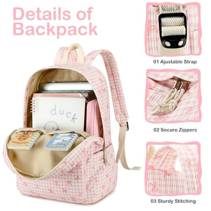 LEDAOU Kids Backpack for Girls Backpacks with Lunch Box, Lightweight Bookbag Set Elementary Middle School Back pack for 8-14 - color: Pink Bow Checkered