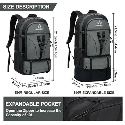40L/50L Expandable Hiking Backpack for Men and Women, Travel Camping Backpack Flight Approved - color: 40l+10l Grey