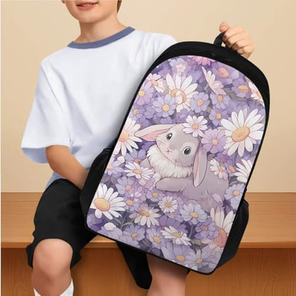 Flashideas Cute Bunny Backpack for Girls Kids Backpack with Lunch Box Water Bottle Stainless Steel and Water Bottle Carrier 4Pcs Set 17" Bookbag with Compartments for School Large Capacity School Bag - color: Cute Bunny and Daisy