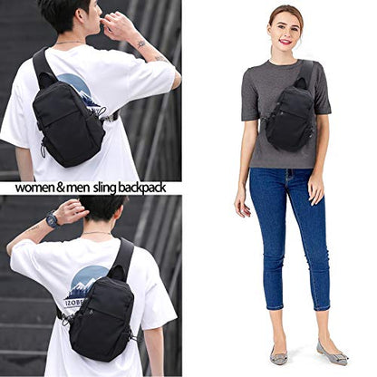 SEAFEW Small Black Sling Crossbody Backpack Shoulder Bag for Men Women, Lightweight One Strap Back Pack Sling Bag Backpack for Hiking Walking Biking Travel Cycling USB Charger Port-Nylon - color: Black-small