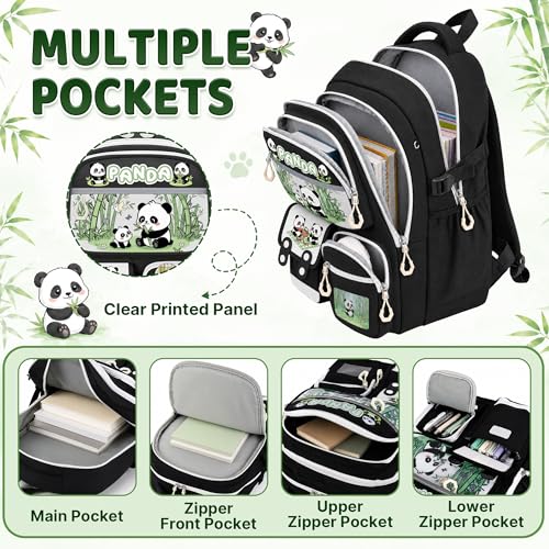 Panda Backpack for Girls, 4 PCS Girls Backpack with Lunch Box Set, Cute Kawaii Large Laptop Bookbag, School Bag for Elementary Kids & Teens - color: Panda