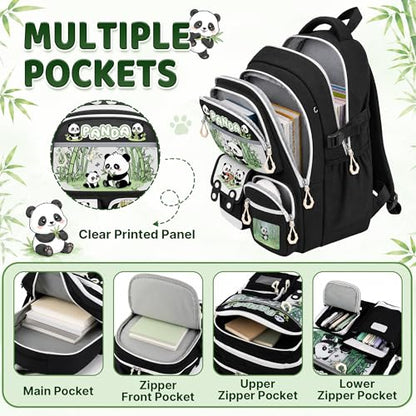 Panda Backpack for Girls, 4 PCS Girls Backpack with Lunch Box Set, Cute Kawaii Large Laptop Bookbag, School Bag for Elementary Kids & Teens - color: Panda