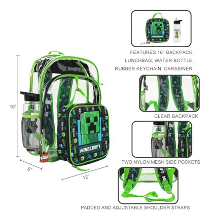 BIOWORLD Unisex Minecraft Creeper 5- Piece Backpack set (Little Kid/Big Kid), Green, One size - color: 5-pc Minecraft Green, size: 16 Inches