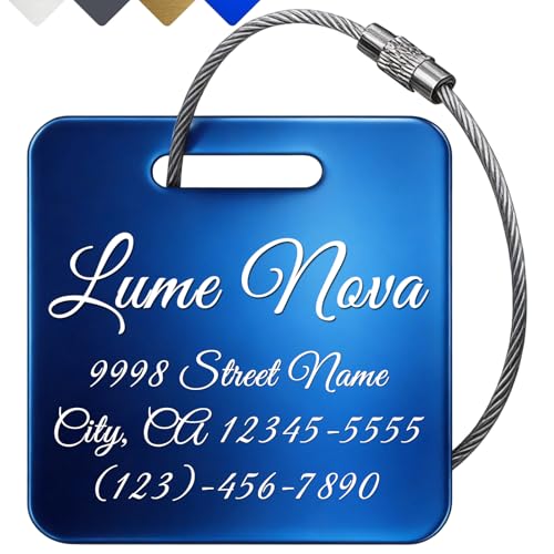 Personalized Engraved Aluminum Luggage Tags 2x2 Inch, Blue Custom Metal Travel ID Tags for Suitcase Backpack Bag Luggage Identifiers - color: Blue