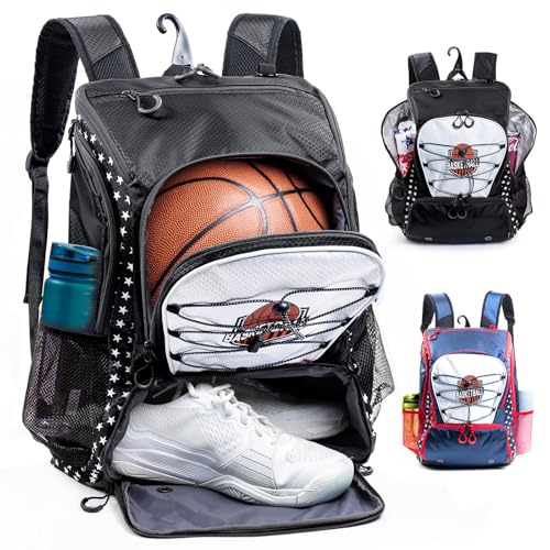 Basketball Bag Backpack with Ball Compartment & Shoe Pocket – Gym Bag for Basketball, Soccer, Football, Volleyball – Large Capacity Athletic Backpack for Youth & Adults, Basketball Gifts - color: Black