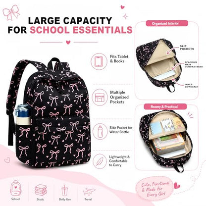 LEDAOU School Backpack for Teen Girls Elementary Middle School Bookbag Kids Backpacks Women Laptop Backpack Travel Daypack (Bow Tie Black) - color: A-bow Tie Black