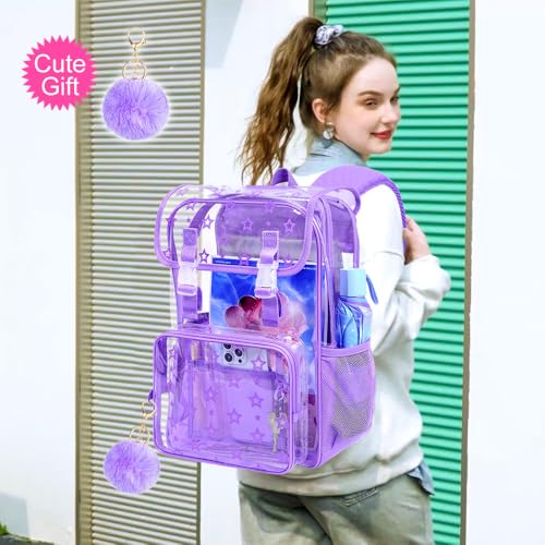 17" Clear Backpack for School, Girls Kids Transparent Bookbag Set, 3Pcs Stadium Approved See Through Backpack with Lunch Box (Purple) - color: Star Purple