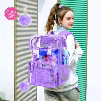 17" Clear Backpack for School, Girls Kids Transparent Bookbag Set, 3Pcs Stadium Approved See Through Backpack with Lunch Box (Purple) - color: Star Purple