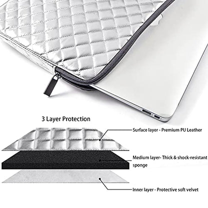 Puffy Laptop Sleeve 11 12 13 13.3 14 15 15.6 inch Puffy Laptop Case Protective Bag Quilted PU Leather Lined Padded - color: Silver Quilted, size: 14-15 Inch