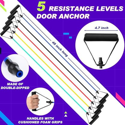 Leyndo 5 Pcs Exercise Resistance Bands with Handles Physical Resistance Tube Workout Bands with Door Anchor for Men Women Muscle Toning Strength Training