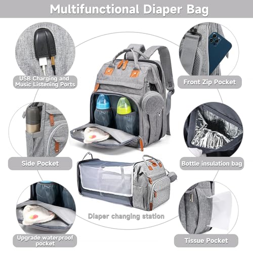 Baby Diaper Bags with Changing Station Multifunctional Waterproof Diaper Bag Backpack Travel Baby Bag with Changing Pad, Pacifier Case,Baby Essentials(Grey) - color: Up-grey