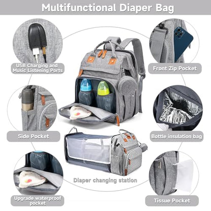 Baby Diaper Bags with Changing Station Multifunctional Waterproof Diaper Bag Backpack Travel Baby Bag with Changing Pad, Pacifier Case,Baby Essentials(Grey) - color: Up-grey