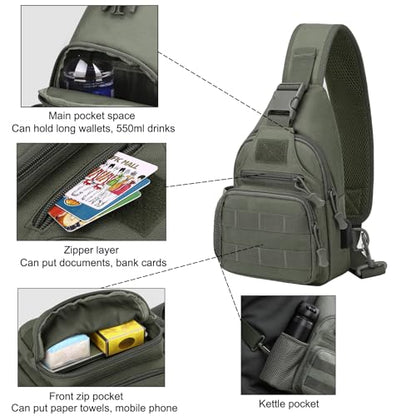 ZHIERNA Tactical Crossbody Bag for Men with Water Bottle Holder, MOLLE EDC Shoulder Sling Chest Bags with USB Charging Port for Travel Walk(Grey Green) - color: Grey Green