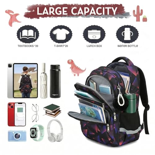 Cusangel kids Backpack for School Boys Girls 6-12ages,16in Bookbag Stitch,durable Water Resistant,7 Pockets, Adjustable Chest Strap,Reflective Strip,Large For Travel,Gifts(Black Purple) - color: Black Purple-17in
