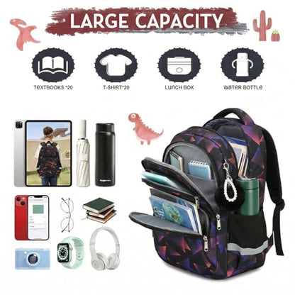 Cusangel kids Backpack for School Boys Girls 6-12ages,16in Bookbag Stitch,durable Water Resistant,7 Pockets, Adjustable Chest Strap,Reflective Strip,Large For Travel,Gifts(Black Purple) - color: Black Purple-17in