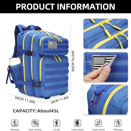 Military 45L Tactical Assault Backpack 3 day assault pack with Molle Waterproof backpack Rucksack for Tactical Backpacks - color: Blueyellow