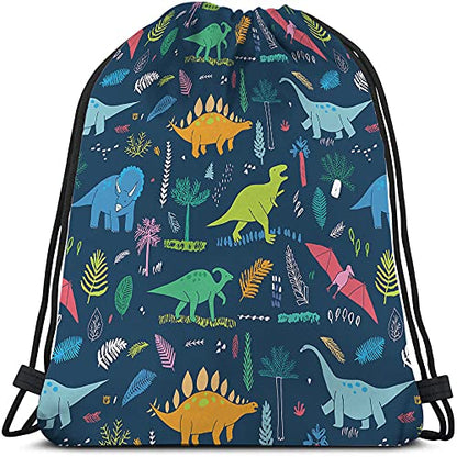 Dinosaur Drawstring Backpack Bag - Cute Cartoon Animal Funny Cool Colorful Dino Tropical Palm Leaf Sport Gym Sack Drawstring Bag for Men Women - color: Multi-a89