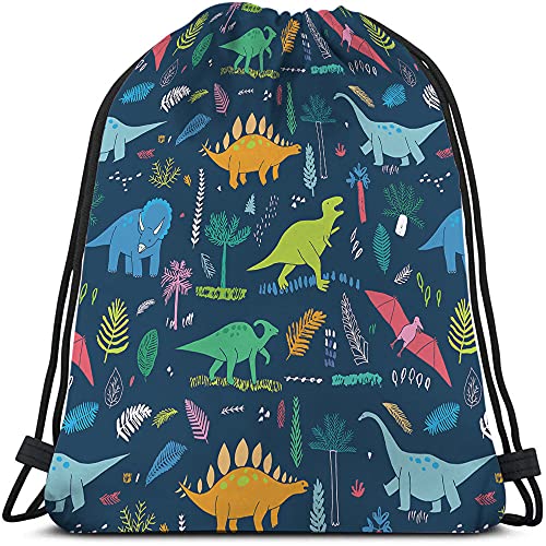 Dinosaur Drawstring Backpack Bag - Cute Cartoon Animal Funny Cool Colorful Dino Tropical Palm Leaf Sport Gym Sack Drawstring Bag for Men Women - color: Multi-a89