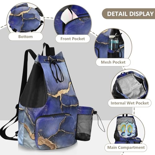 Drawstring Backpacks Sports Gym Bag With Water Bottle Pocket Cinch Back Sack Waterproof Marble Royal Blue Gray - color: Color 2