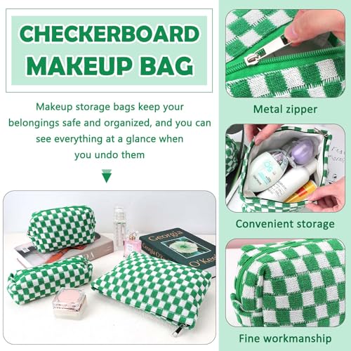 3 Pcs Makeup Bag Cosmetic Bag Set for Girls Women Checkered Travel Organizer Bathroom Toiletry Pouch Large Capacity Storage Bag(Green-White) - color: Green-White