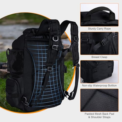 Goture 40L Large Black Fishing Backpack, 900D Tear-Resistant Tackle Bag with Cooler & Rain Cover & 3600 Trays, Freshwater Saltwater - color: Black, size: B - Includes 2 regular 3600 trays