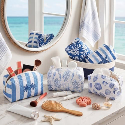 Hillban 6 Pcs Ocean Quilted Cosmetic Bags Coastal Themed Gifts Ocean Aesthetic Essential Makeup Bags Starfish Coral Seashell Beach Kit for Women Travel Vacation Accessories (Coastal) - style: Coastal
