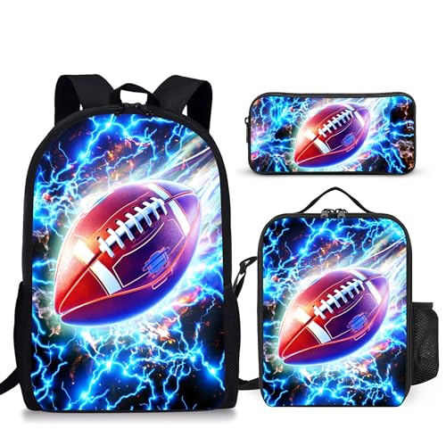 3PCS Boys Backpack, Kids Back To School Backpack with Lunch Box Pencil Case Set, Cool Football Backpack for Boys Teens, 17" Schoolbag Bookbag for Elementary Middle High School Students - color: Light Football