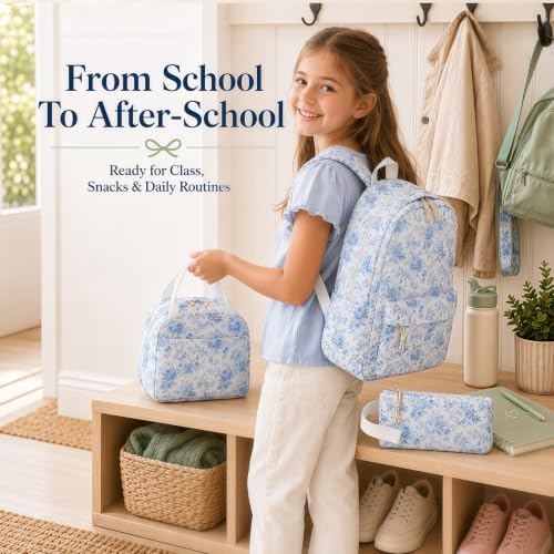 Bluboon Teens Backpack Set Girls School Backpack Lunch Box Pencil Bags Student Bookbags 3 in 1 (Blue Toile Floral 231) - color: Blue Toile Floral 231