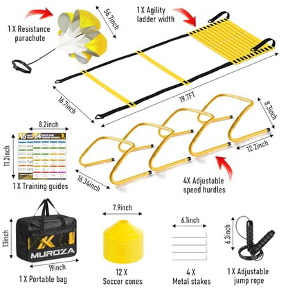 MUROZA Agility Ladder, Agility Speed Training Equipment Set, 20ft Speed Ladder, 12 Soccer Cones, 4 Hurdles, Jump Rope, Running Parachute, Soccer Football Basketball Training Equipment Accessories - color: Yellow