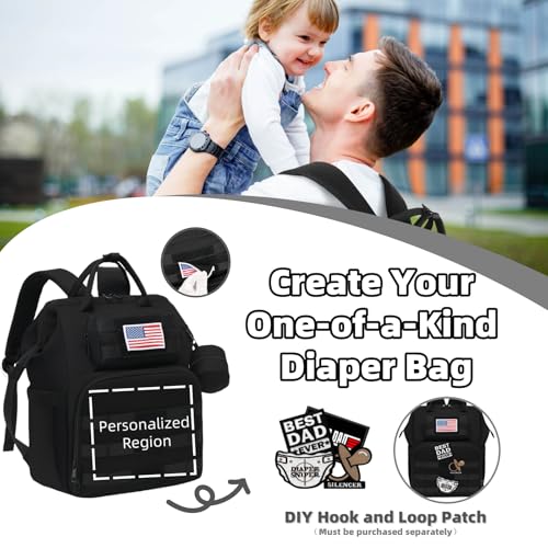 ROSEGIN Diaper Bag Backpack for Dad and Men, Large Travel Baby Bag with Changing Pad, Pacifier Case, Removable Flag Patch - Baby Shower Gifts - Shadow Black - color: Shadow Black