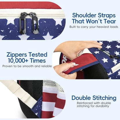 KAVIGOR Lacrosse Bag 65L, Extra Large Lacrosse Gear Backpack with Multi-Pocket Design, Helmet Holder & Ventilated Shoe Compartment - color: Red White & Blue