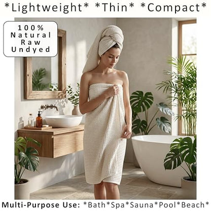 PÜSKÜL Undyed-Raw Waffle Bath Towels Set of 2-Piece | Organic Natural 100% Turkish Cotton Towel | Premium Quality Body Towels for Bathroom & Sauna | 32x63 inch Large Bath Sheet | Earthy Spa Experience - color: Natural Beige