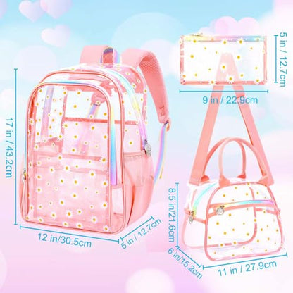 gxtvo 3PCS Clear Backpack Heavy-Duty Set for Women & Teen Girls, 17" Pink Transparent Bookbag with Rainbow Strap, Cute Chrysanthemum See Through School Bag - color: Pink Chrysanthemum Clear Backpack Set